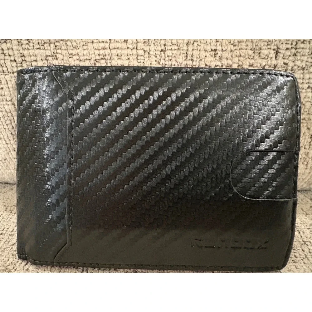 Runbox Mens Bifold Wallet Carbon Fiber Black Orange Money Clip ID Window